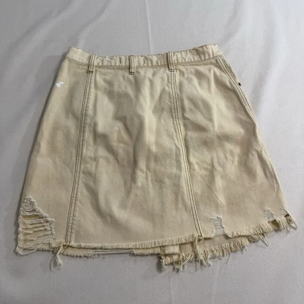 Free People Women's Butter Cream Denim Distressed Parker Wrap Skirt Size 31